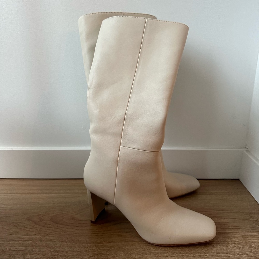 Calf Height White Leather Boots